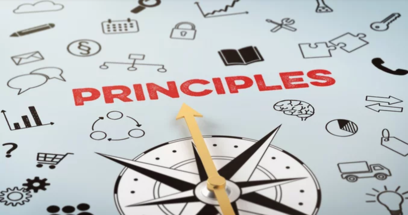 principles printed on a surface with a compass pointing north